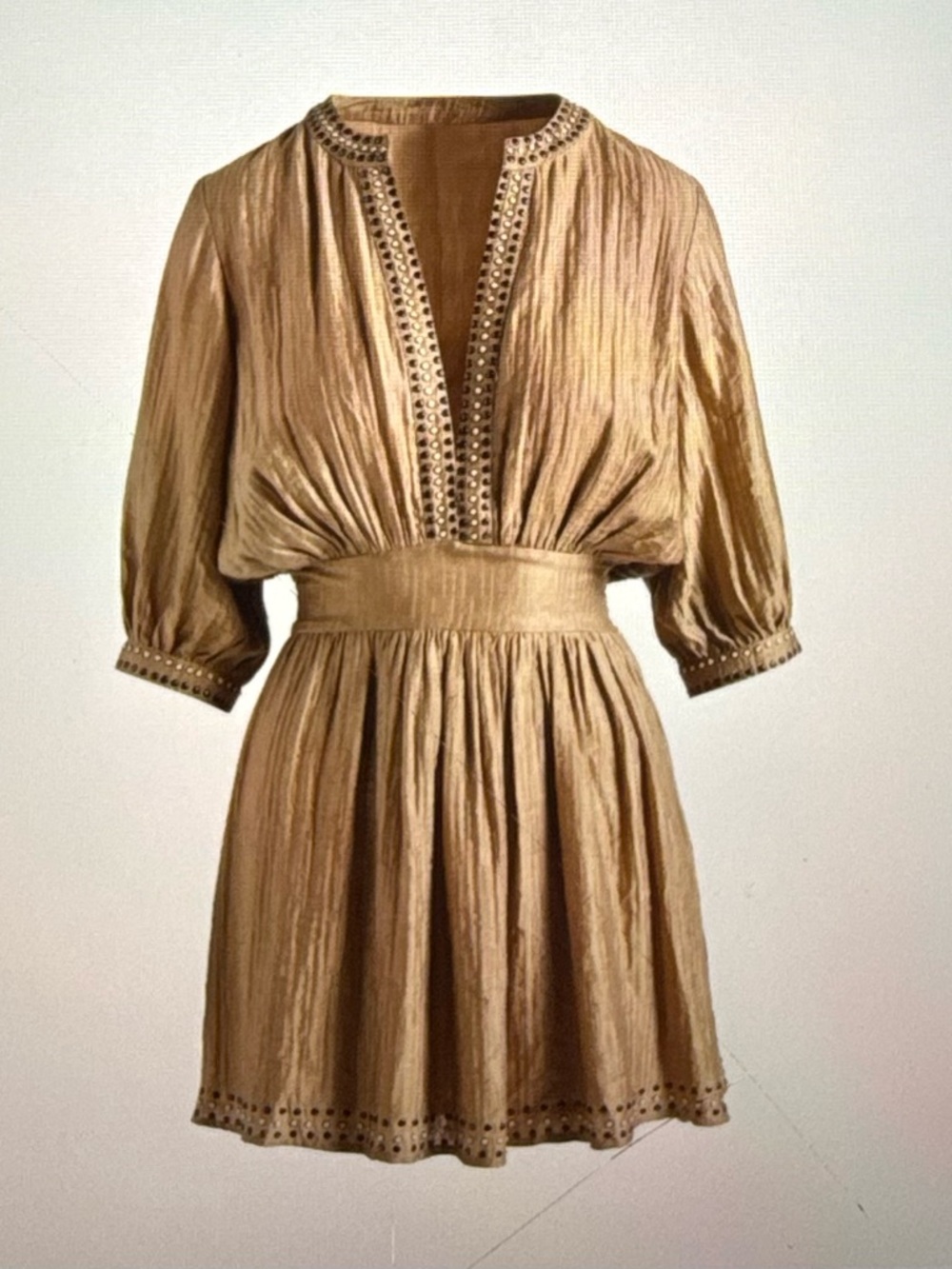 Boston Proper V-Neck Studded Puff Sleeve Dress Cappuccino - Cappuccino / S